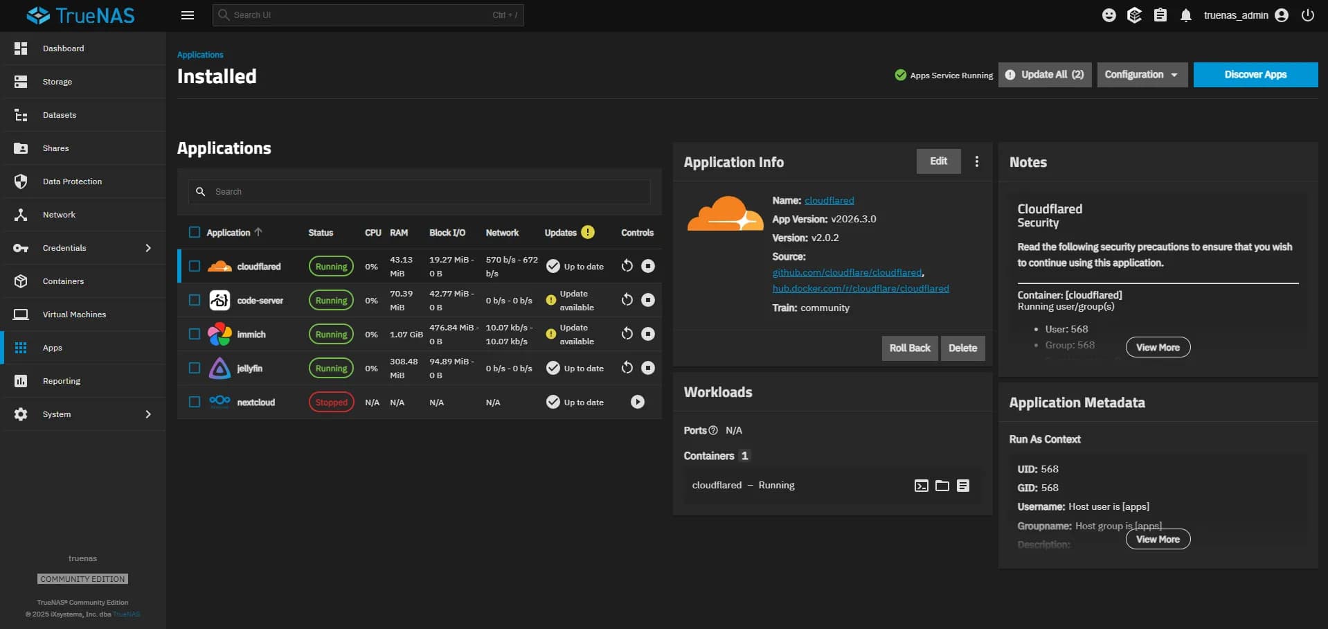 Raktim Ranjit — Installed applications view with running services and resource metrics